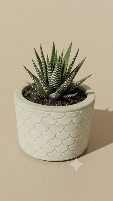 Four small potted succulents arranged in a 2x2 grid on a warm beige background. Each succulent sits in a textured cylindrical pot with a scalloped fish-scale pattern: one lavender pot, one pale pink pot, one white pot, and one pale mint pot.