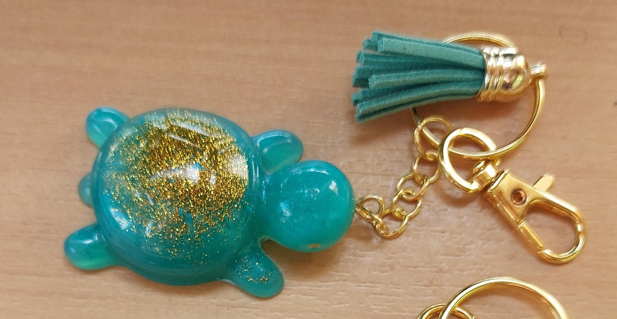 Resin Turtle Keychain, Bag charm, Tassel Accent, Handmade in UK