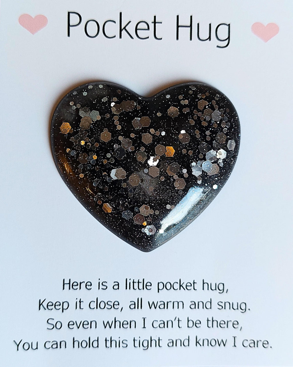 Handmade resin pocket hug hearts, keepsake, black sparkle