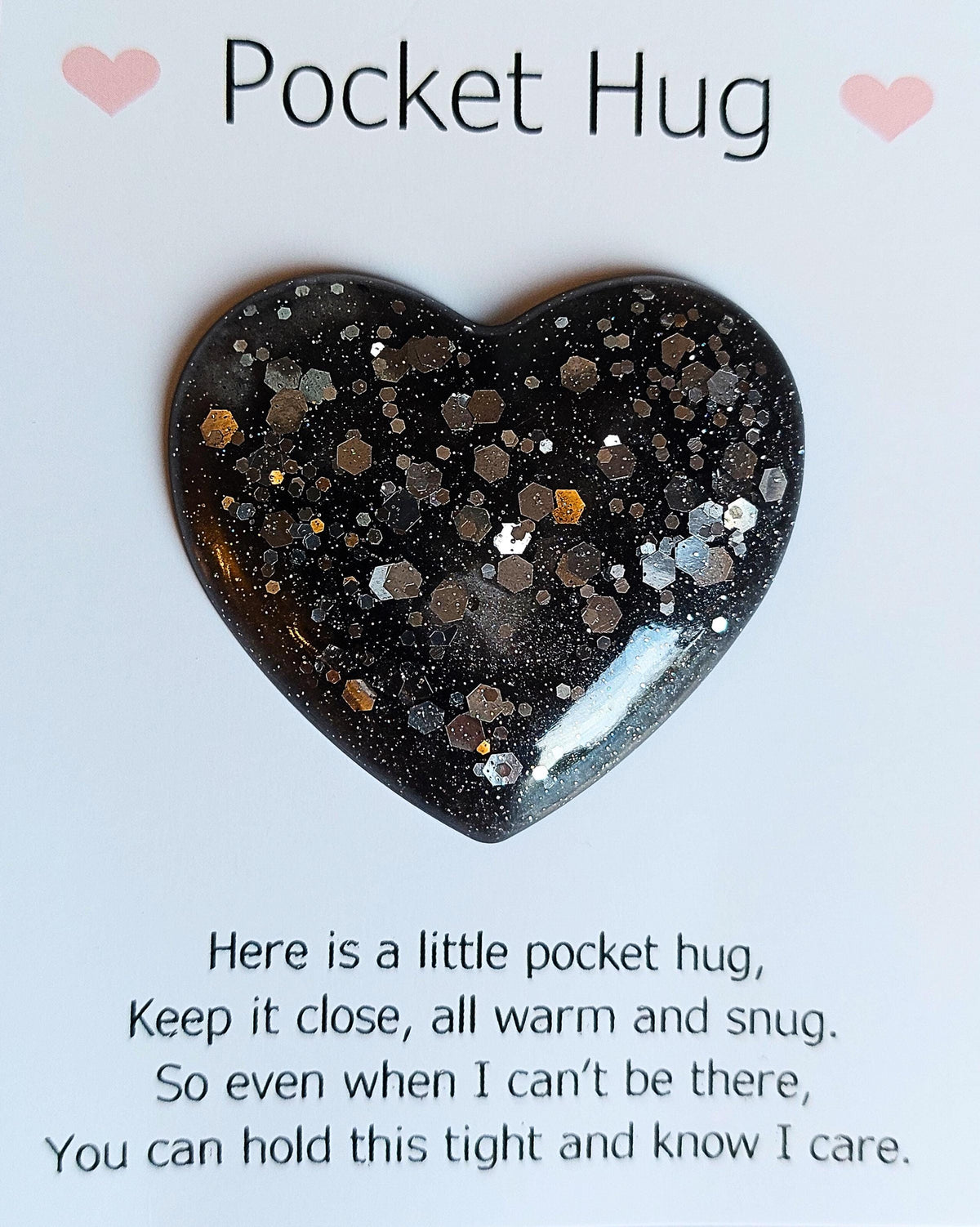 Handmade resin pocket hug hearts, keepsake, black sparkle
